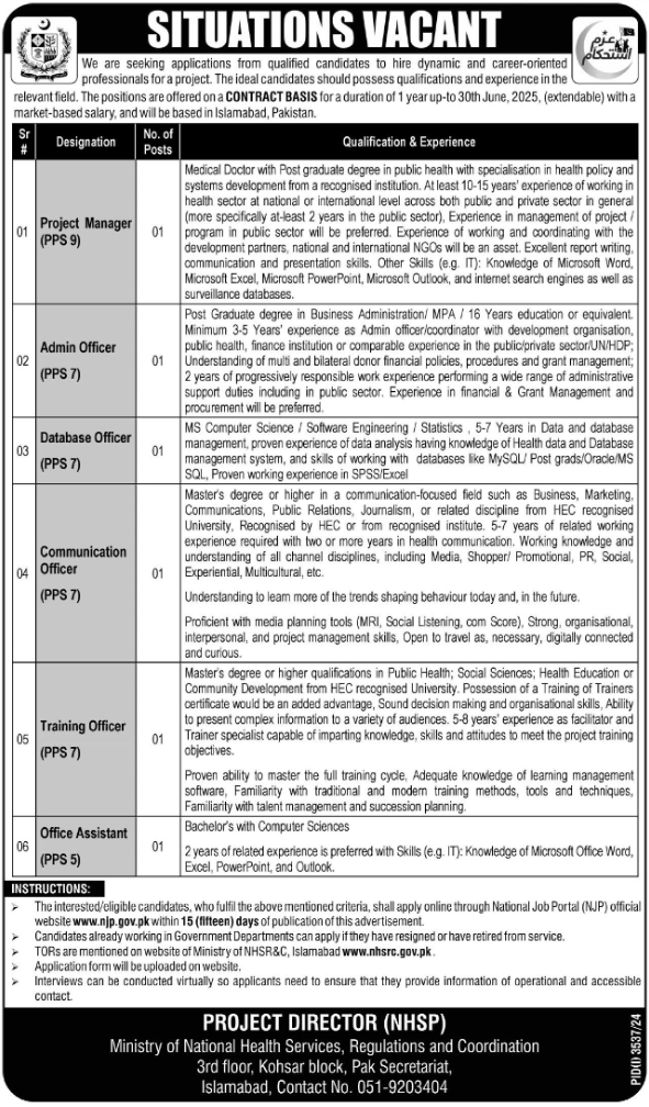 Ministry of National Health Services Regulations & Coordination (NHSRC) Jobs 2024-25 Vacancies